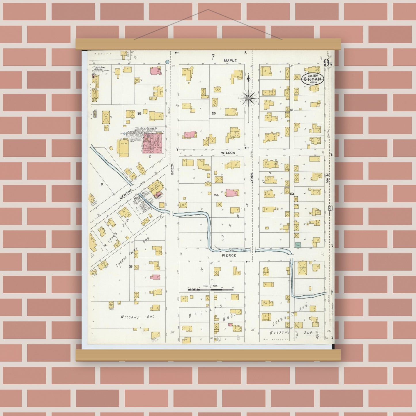 Old map wall art mockup — magnetic wood frame on brick wall — Sanborn Fire Insurance Map from Bryan, Williams County, Ohio (1905), Sheet #0009
