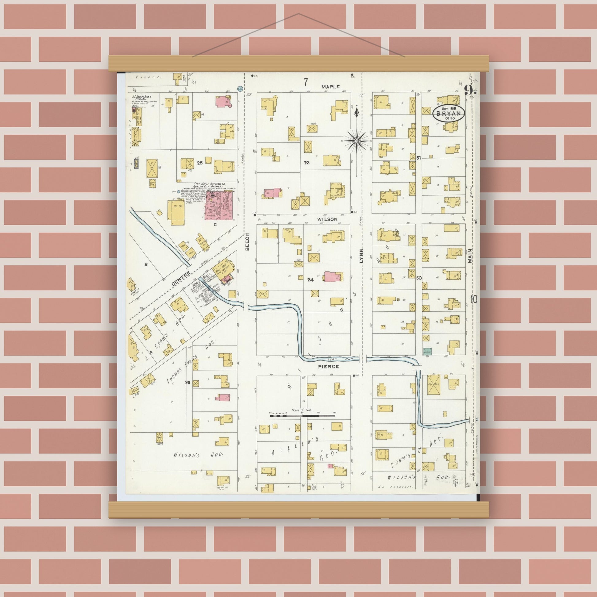 Old map wall art mockup — magnetic wood frame on brick wall — Sanborn Fire Insurance Map from Bryan, Williams County, Ohio (1905), Sheet #0009