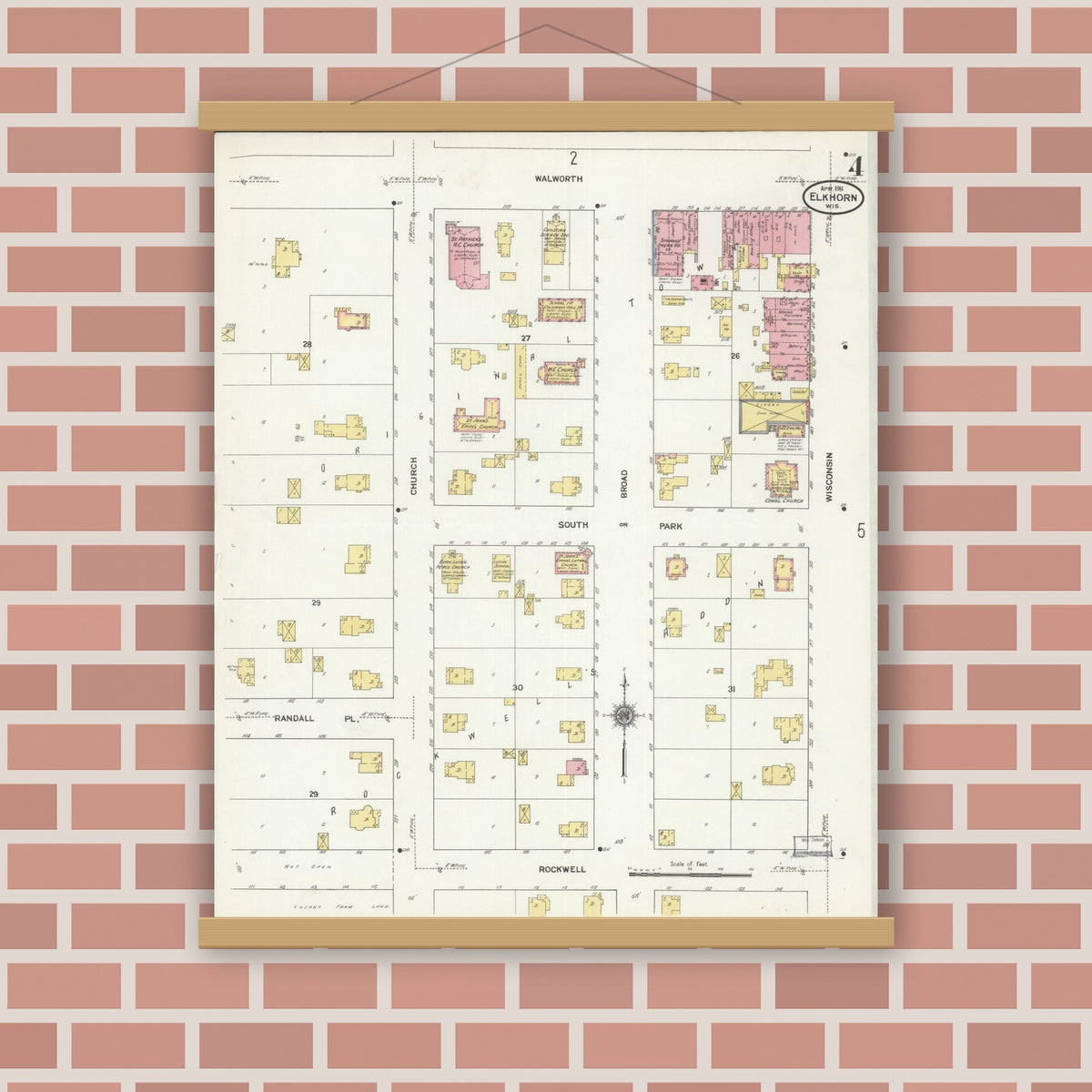 Old map wall art mockup — magnetic wood frame on brick wall — Sanborn Fire Insurance Map from Elkhorn, Walworth County, Wisconsin (1911), Sheet #0004