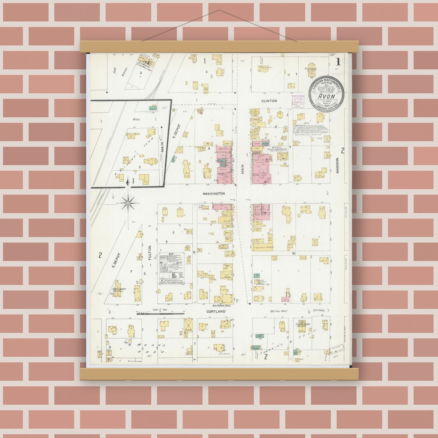 Old map wall art mockup — magnetic wood frame on brick wall — Sanborn Fire Insurance Map from Avon, Fulton County, Illinois (1906), Sheet #0001