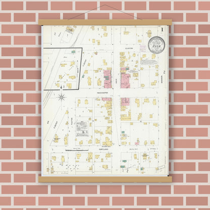 Old map wall art mockup — magnetic wood frame on brick wall — Sanborn Fire Insurance Map from Avon, Fulton County, Illinois (1906), Sheet #0001