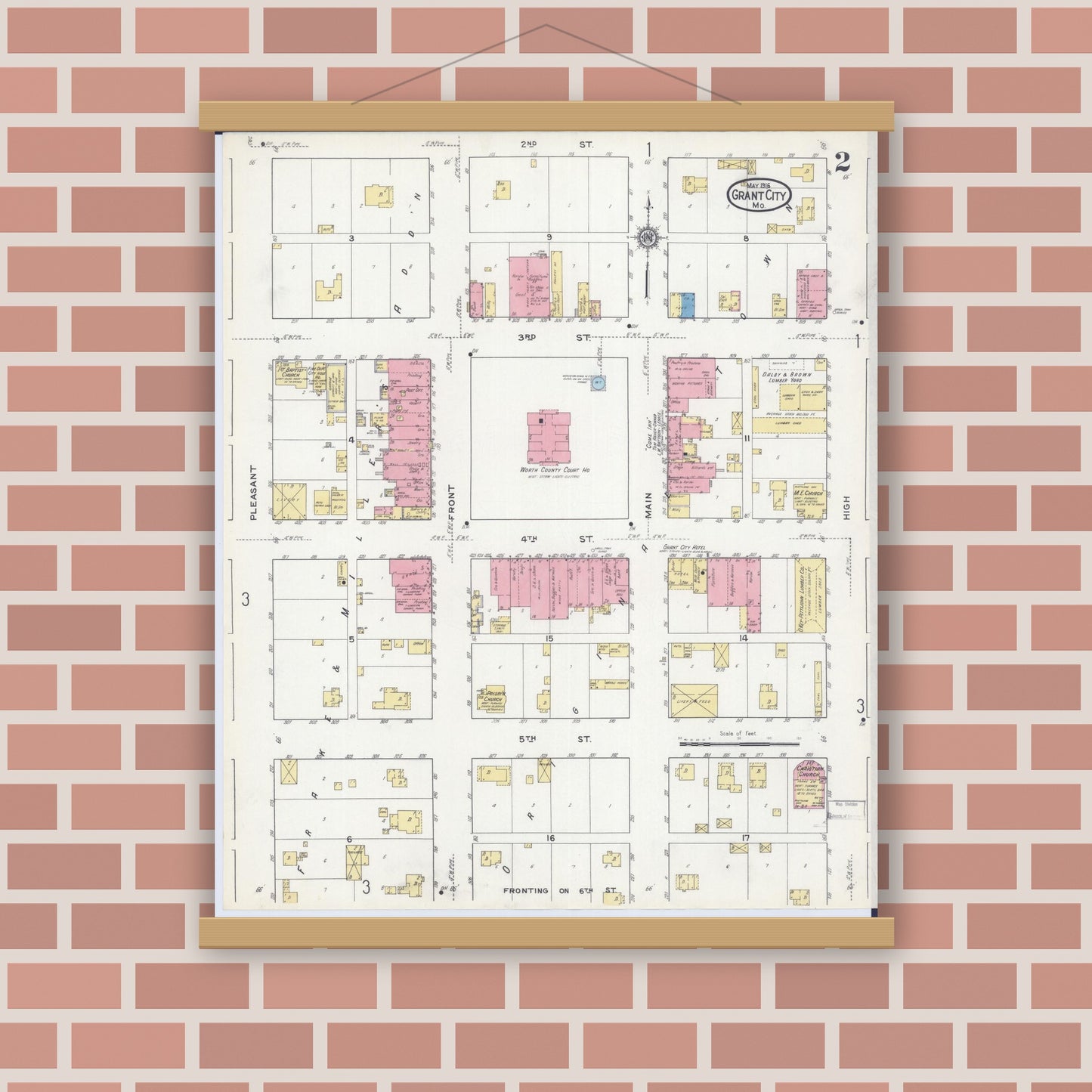 Old map wall art mockup — magnetic wood frame on brick wall — Sanborn Fire Insurance Map from Grant City, Worth County, Missouri (1916), Sheet #0002