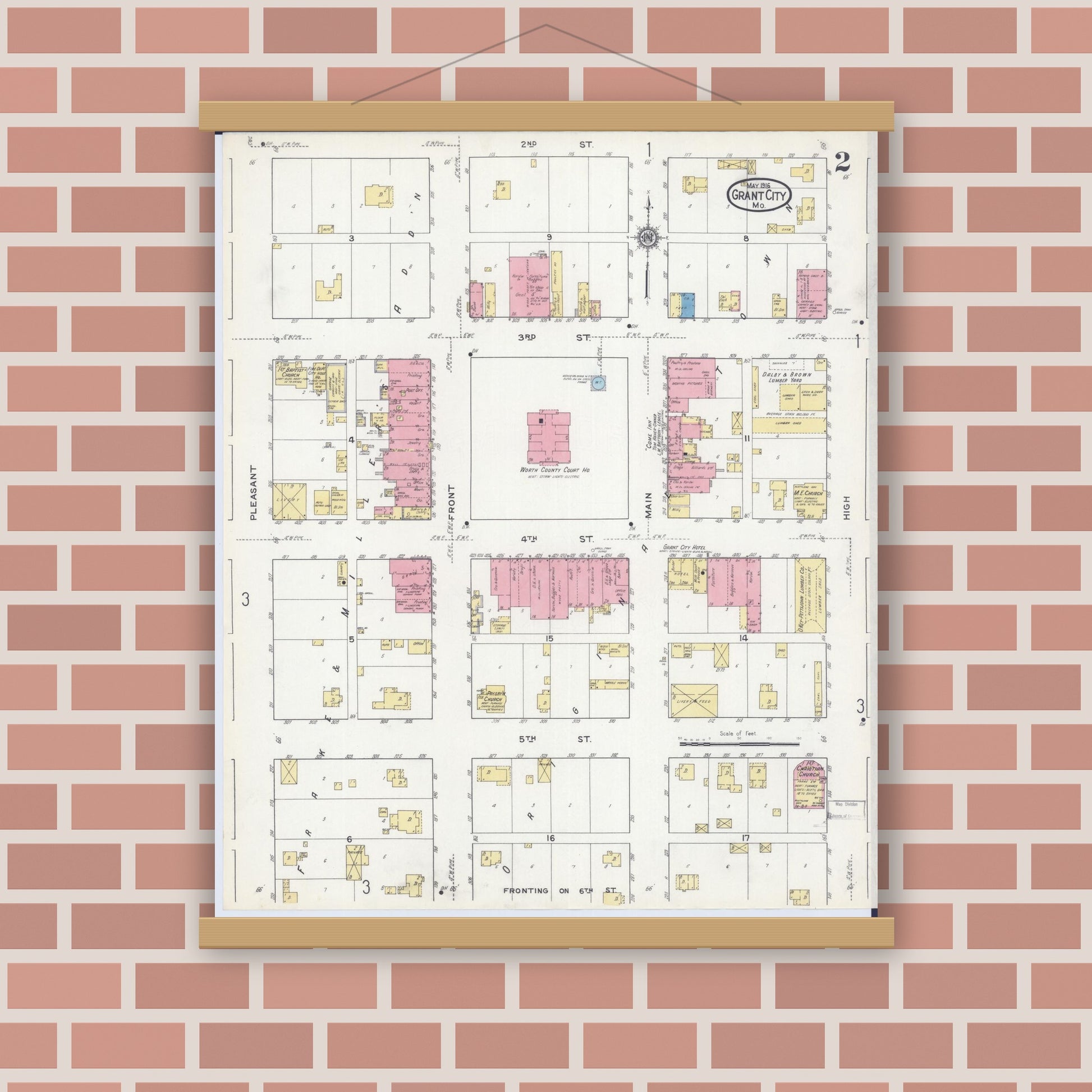 Old map wall art mockup — magnetic wood frame on brick wall — Sanborn Fire Insurance Map from Grant City, Worth County, Missouri (1916), Sheet #0002