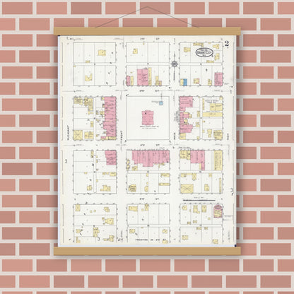 Old map wall art mockup — magnetic wood frame on brick wall — Sanborn Fire Insurance Map from Grant City, Worth County, Missouri (1916), Sheet #0002
