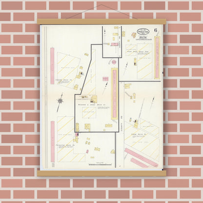 Old map wall art mockup — magnetic wood frame on brick wall — Sanborn Fire Insurance Map from Princeton, Mille Lacs County, Minnesota (1912), Sheet #0006