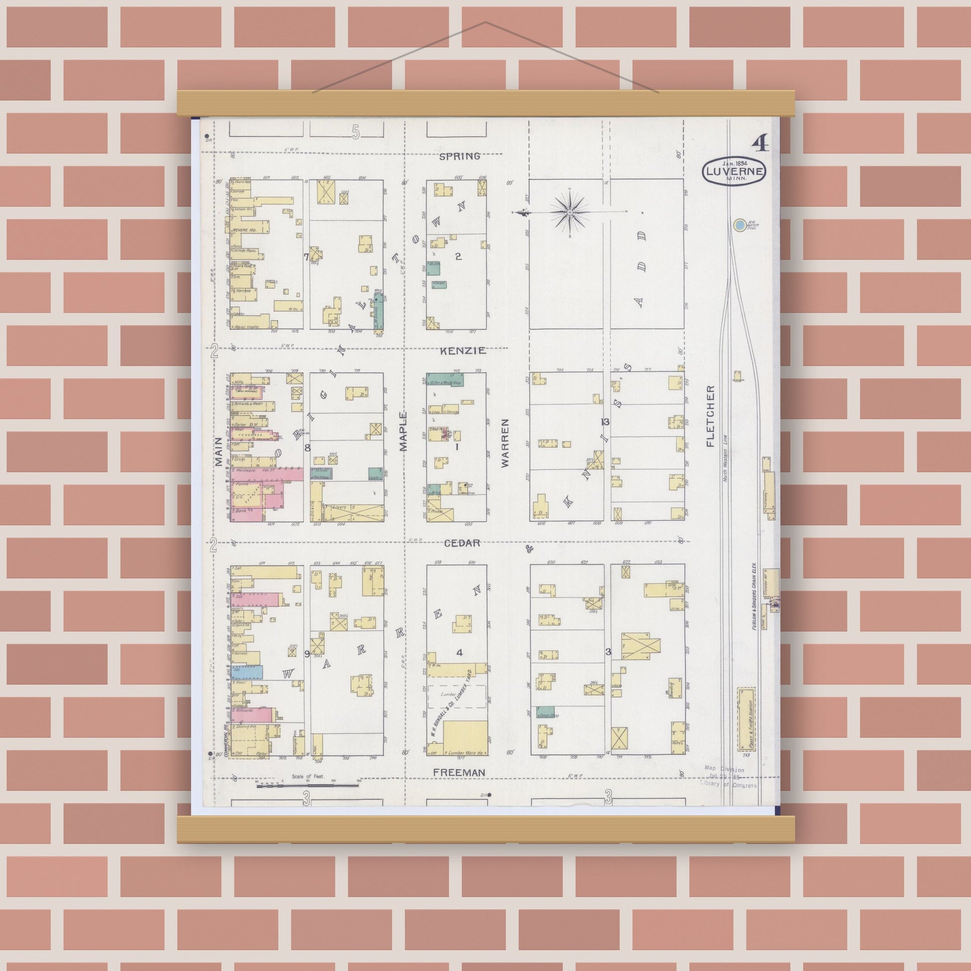 Old map wall art mockup — magnetic wood frame on brick wall — Sanborn Fire Insurance Map from Luverne, Rock County, Minnesota (1894), Sheet #0004
