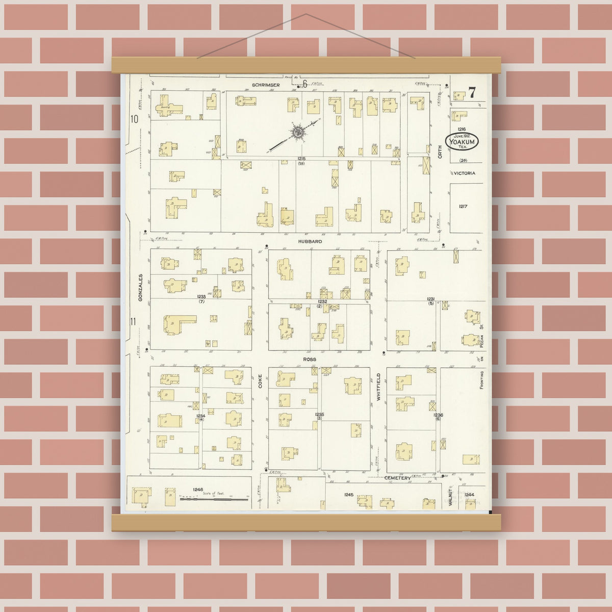 Old map wall art mockup — magnetic wood frame on brick wall — Sanborn Fire Insurance Map from Yoakum, De Witt And Lavaca Counties, Texas (1912), Sheet #0007