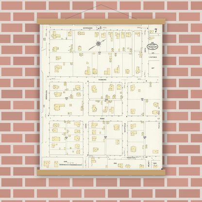 Old map wall art mockup — magnetic wood frame on brick wall — Sanborn Fire Insurance Map from Yoakum, De Witt And Lavaca Counties, Texas (1912), Sheet #0007