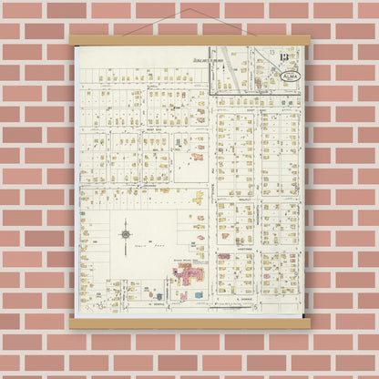 Old map wall art mockup — magnetic wood frame on brick wall — Sanborn Fire Insurance Map from Alma, Gratiot County, Michigan (1917), Sheet #0013