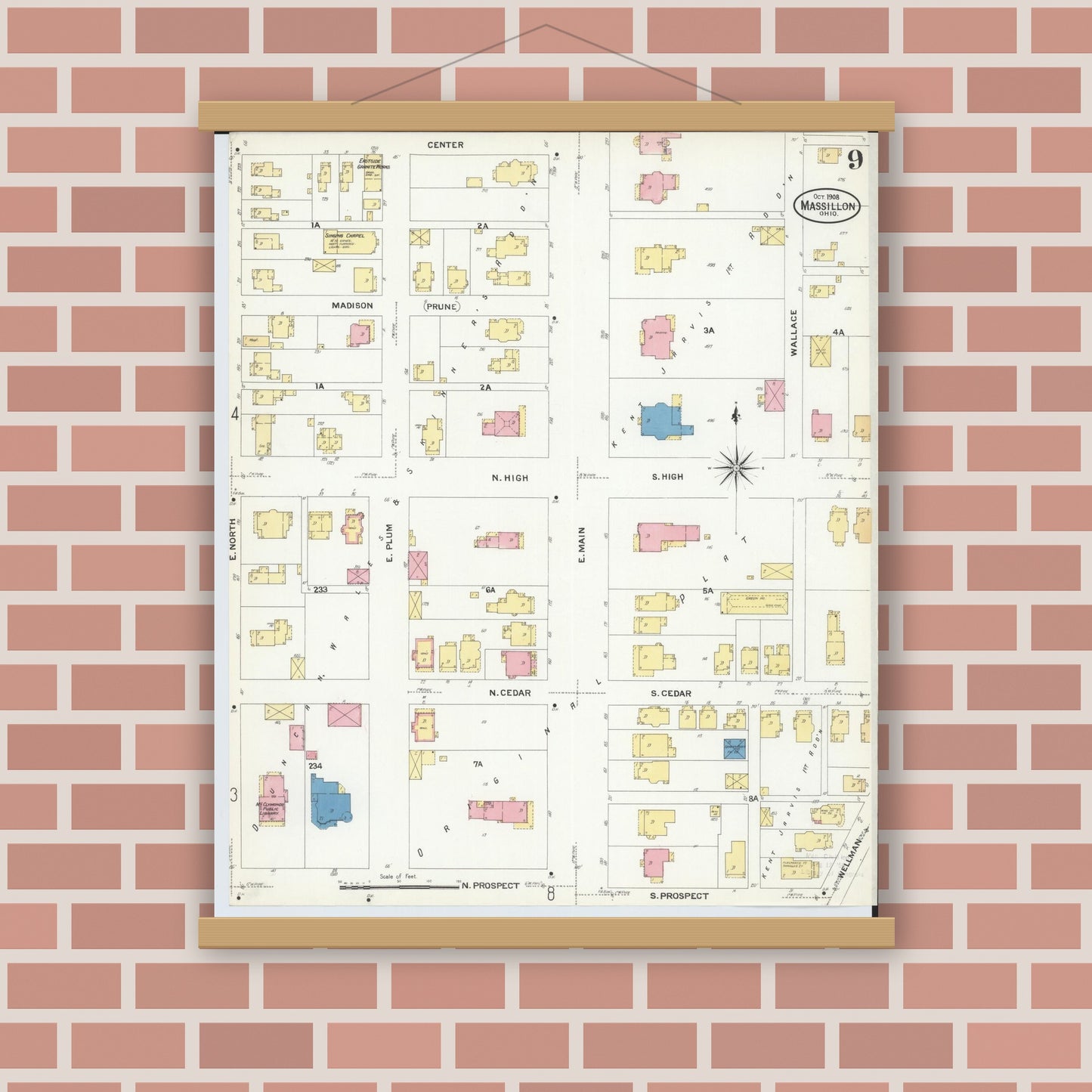 Old map wall art mockup — magnetic wood frame on brick wall — Sanborn Fire Insurance Map from Massillon, Stark County, Ohio (1908), Sheet #0009