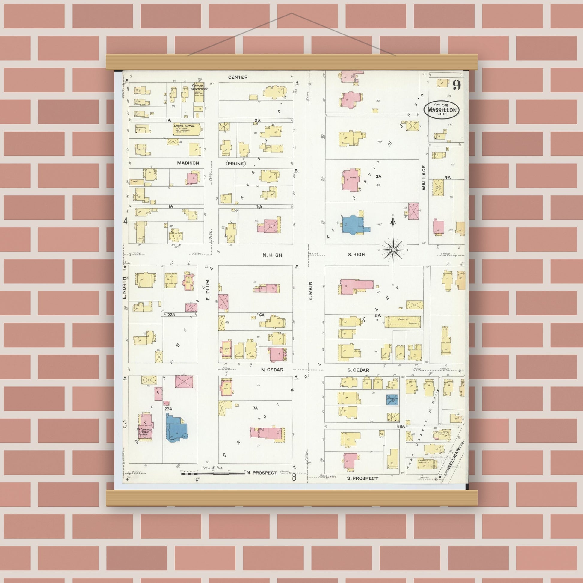 Old map wall art mockup — magnetic wood frame on brick wall — Sanborn Fire Insurance Map from Massillon, Stark County, Ohio (1908), Sheet #0009