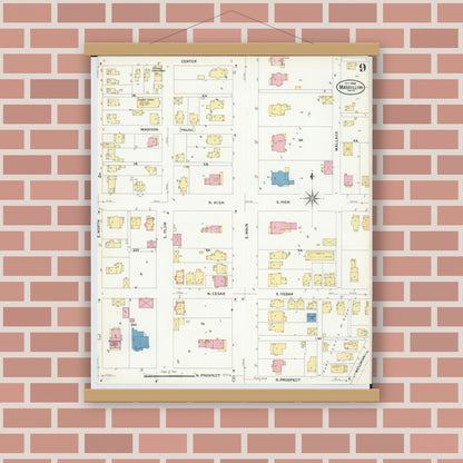 Old map wall art mockup — magnetic wood frame on brick wall — Sanborn Fire Insurance Map from Massillon, Stark County, Ohio (1908), Sheet #0009