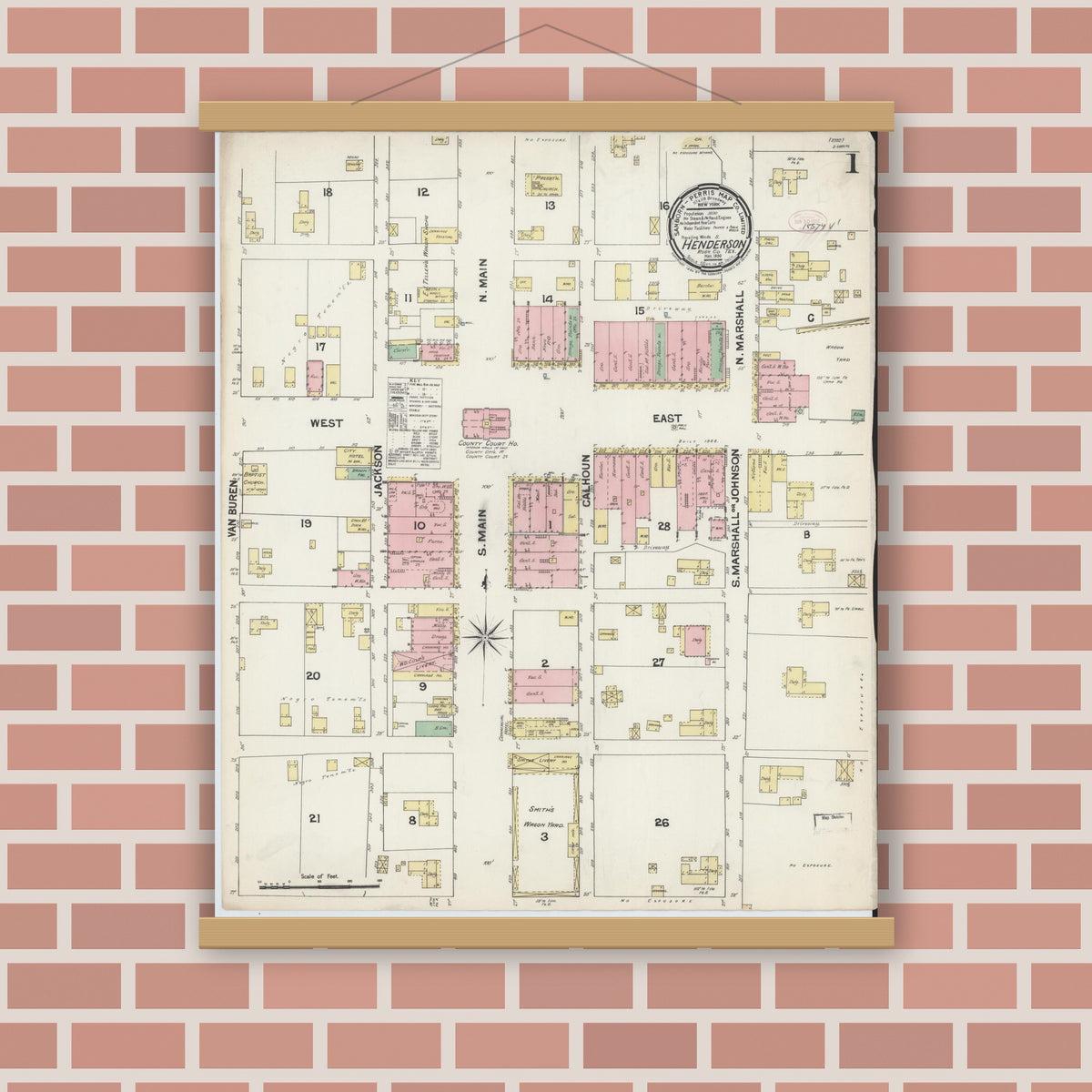Old map wall art mockup — magnetic wood frame on brick wall — Sanborn Fire Insurance Map from Henderson, Rusk County, Texas (1890) - Complete Map Set