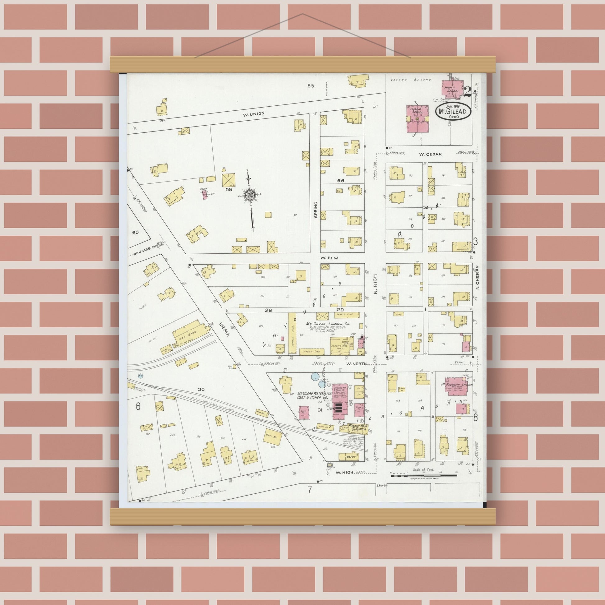 Old map wall art mockup — magnetic wood frame on brick wall — Sanborn Fire Insurance Map from Mount Gilead, Morrow County, Ohio (1919), Sheet #0002