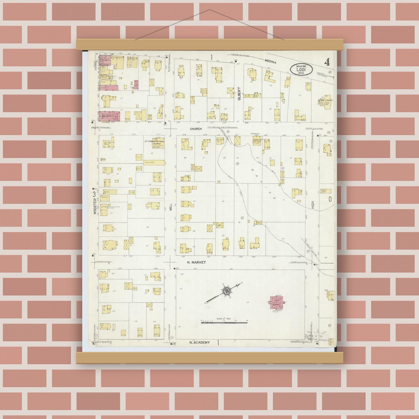 Old map wall art mockup — magnetic wood frame on brick wall — Sanborn Fire Insurance Map from Lodi, Medina County, Ohio (1912), Sheet #0004