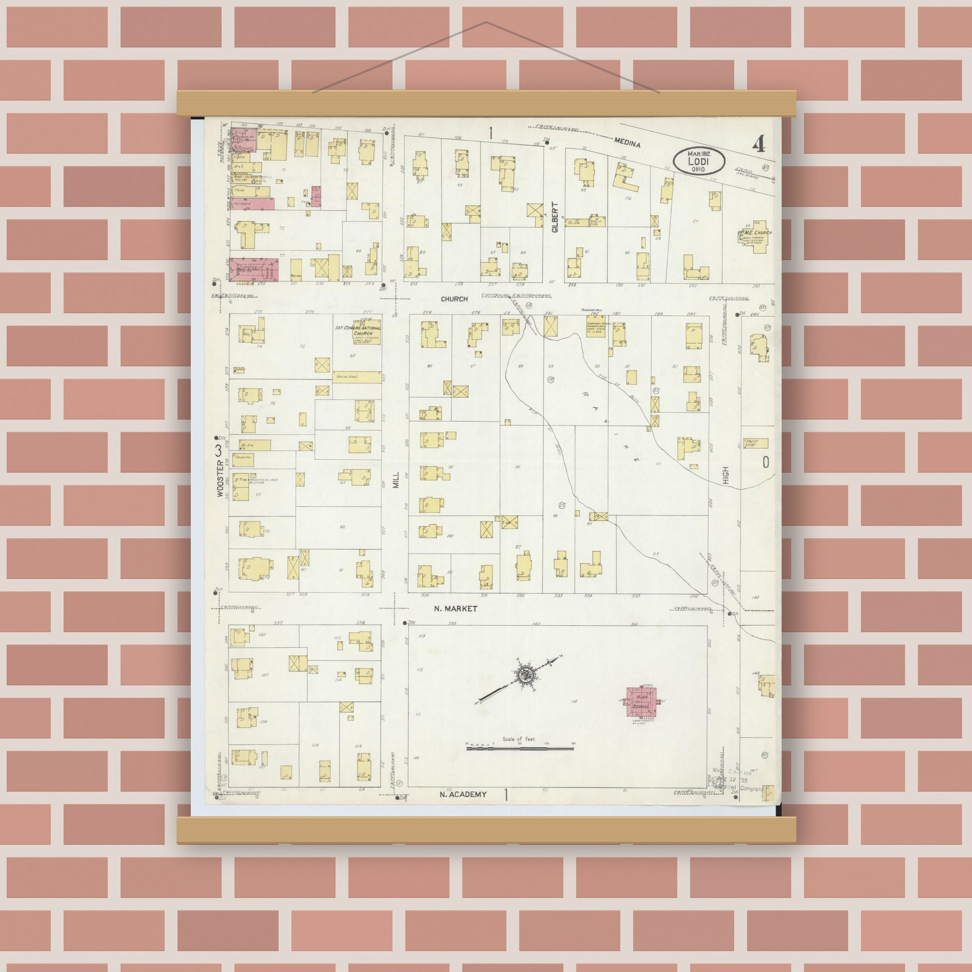 Old map wall art mockup — magnetic wood frame on brick wall — Sanborn Fire Insurance Map from Lodi, Medina County, Ohio (1912), Sheet #0004