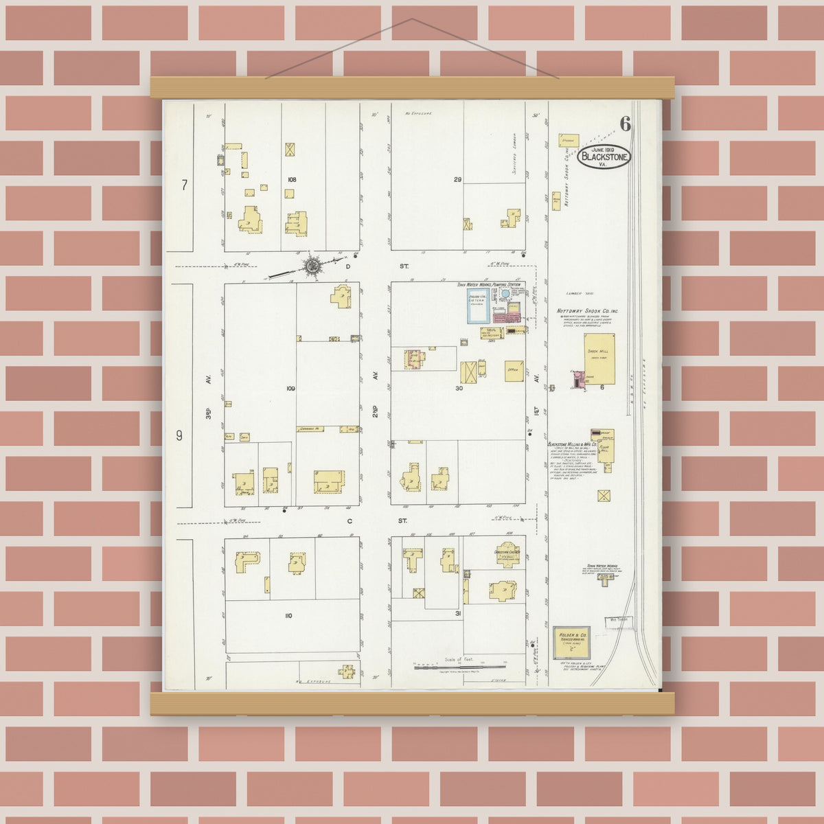 Old map wall art mockup — magnetic wood frame on brick wall — Sanborn Fire Insurance Map from Blackstone, Nottoway County, Virginia (1919), Sheet #0006