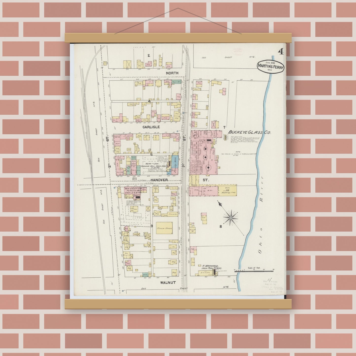 Old map wall art mockup — magnetic wood frame on brick wall — Sanborn Fire Insurance Map from Martins Ferry, Belmont County, Ohio (1890), Sheet #0004