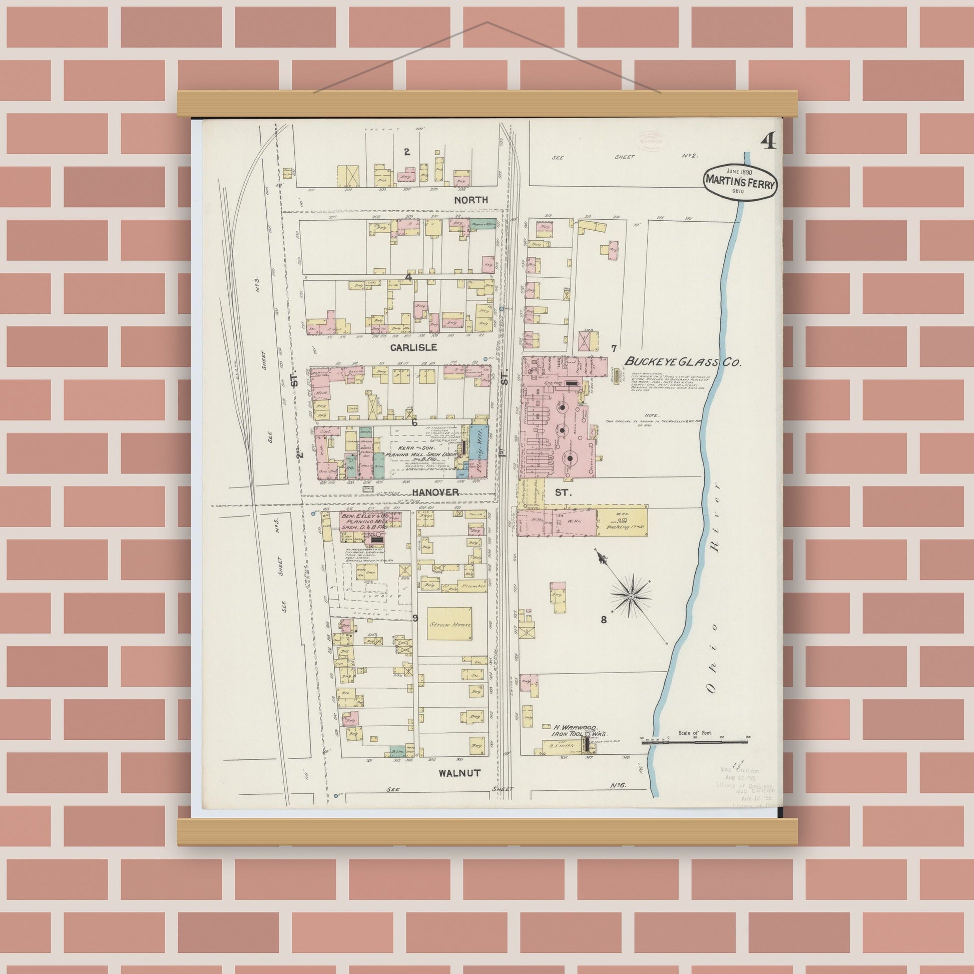 Old map wall art mockup — magnetic wood frame on brick wall — Sanborn Fire Insurance Map from Martins Ferry, Belmont County, Ohio (1890), Sheet #0004
