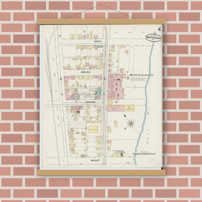 Old map wall art mockup — magnetic wood frame on brick wall — Sanborn Fire Insurance Map from Martins Ferry, Belmont County, Ohio (1890), Sheet #0004
