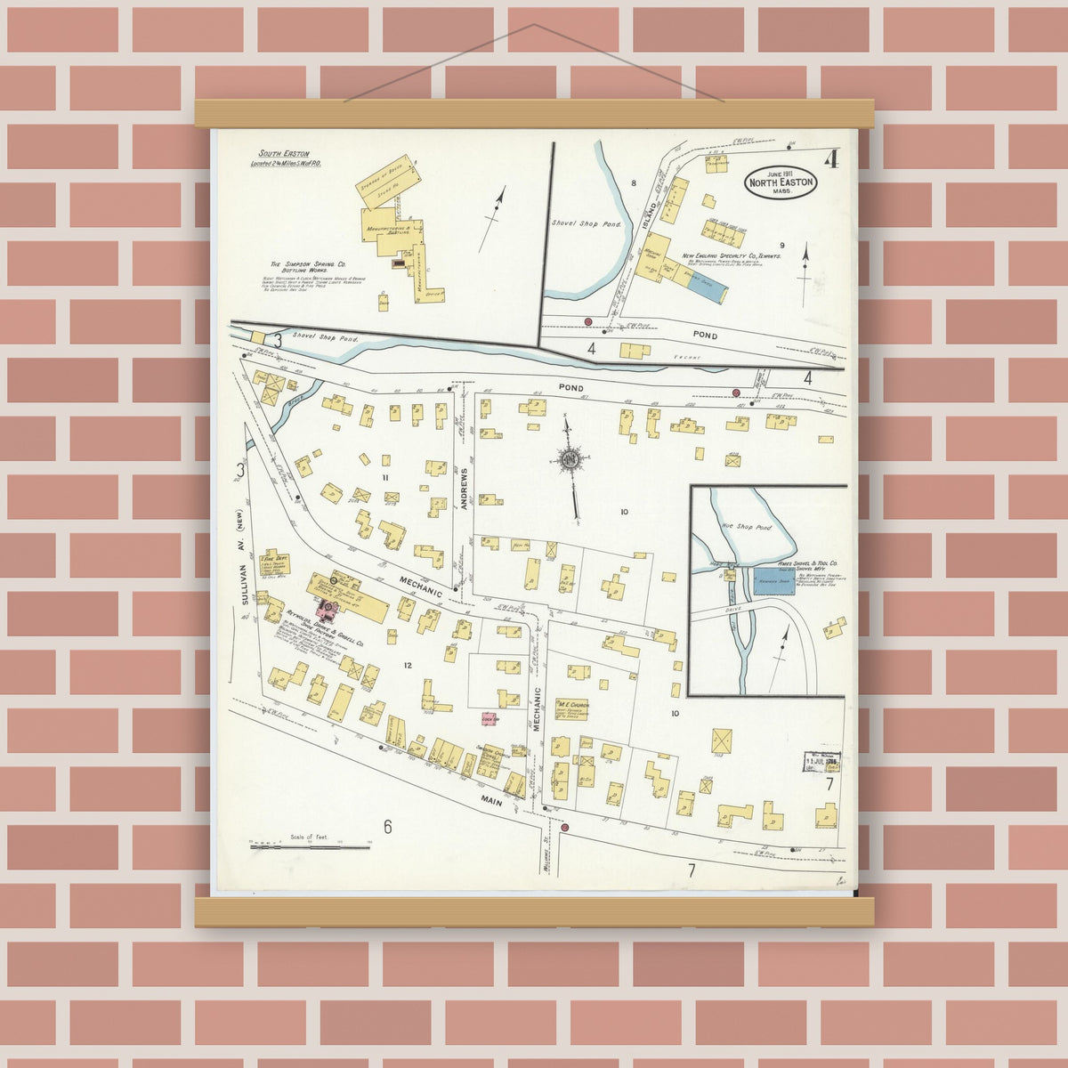 Old map wall art mockup — magnetic wood frame on brick wall — Sanborn Fire Insurance Map from North Easton, Bristol County, Massachusetts (1911), Sheet #0004