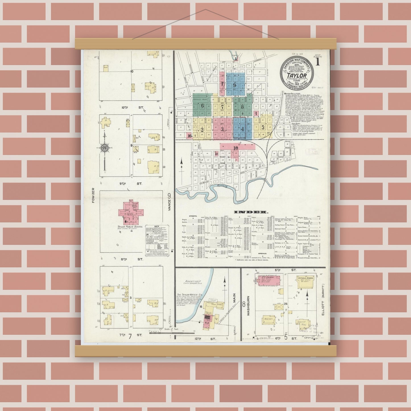 Old map wall art mockup — magnetic wood frame on brick wall — Sanborn Fire Insurance Map from Taylor, Williamson County, Texas (1912) - Complete Map Set