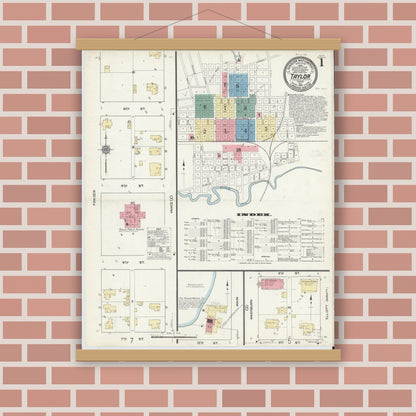 Old map wall art mockup — magnetic wood frame on brick wall — Sanborn Fire Insurance Map from Taylor, Williamson County, Texas (1912) - Complete Map Set