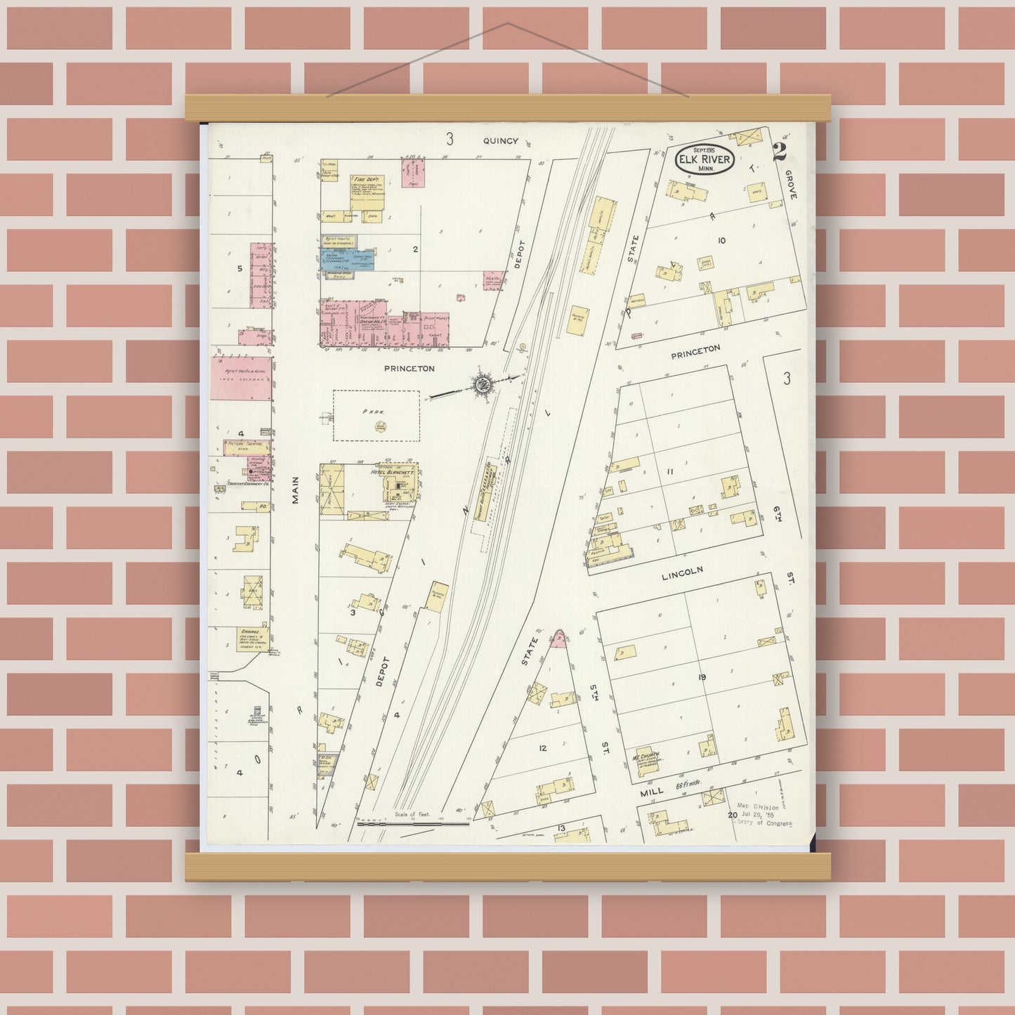 Old map wall art mockup — magnetic wood frame on brick wall — Sanborn Fire Insurance Map from Elk River, Sherburne County, Minnesota (1915), Sheet #0002