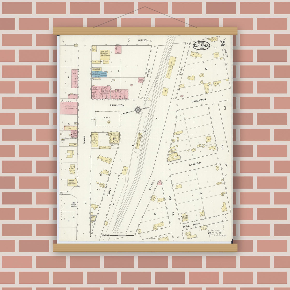 Old map wall art mockup — magnetic wood frame on brick wall — Sanborn Fire Insurance Map from Elk River, Sherburne County, Minnesota (1915), Sheet #0002