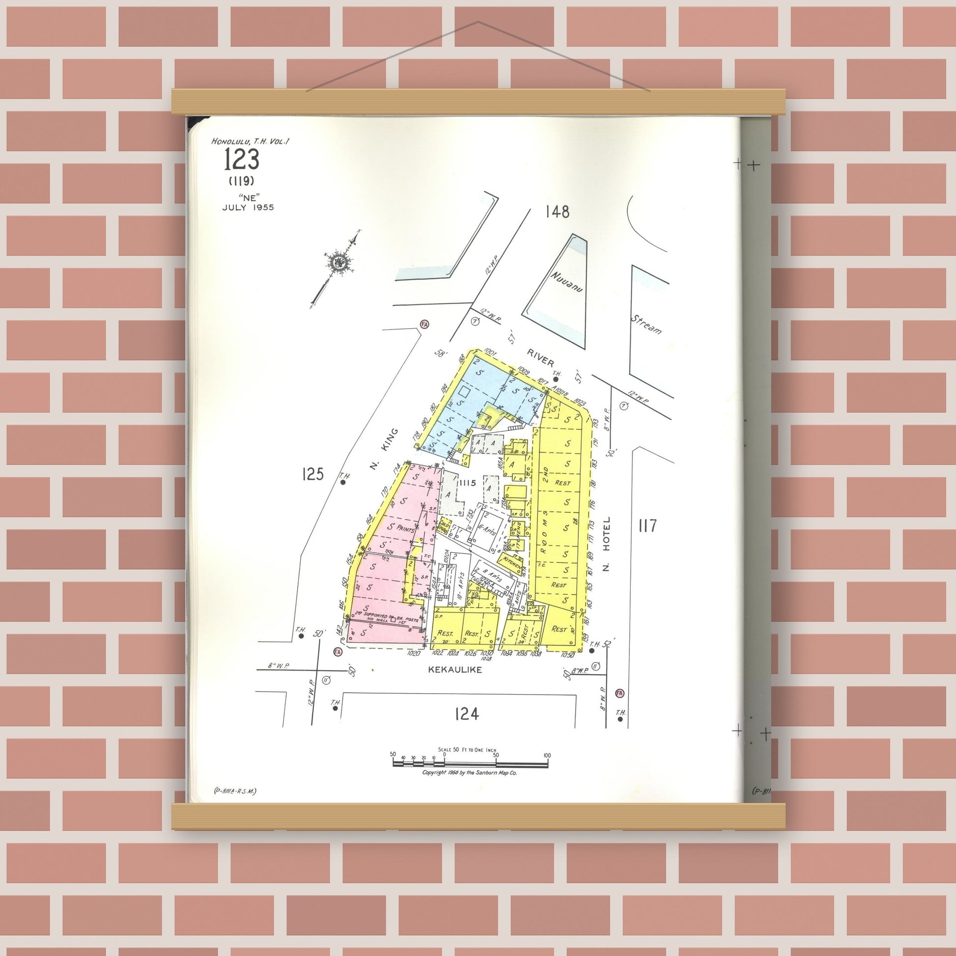 Old map wall art mockup — magnetic wood frame on brick wall — Sanborn Fire Insurance Map from Honolulu, Oahu County, Hawaii (1955), Sheet #0123