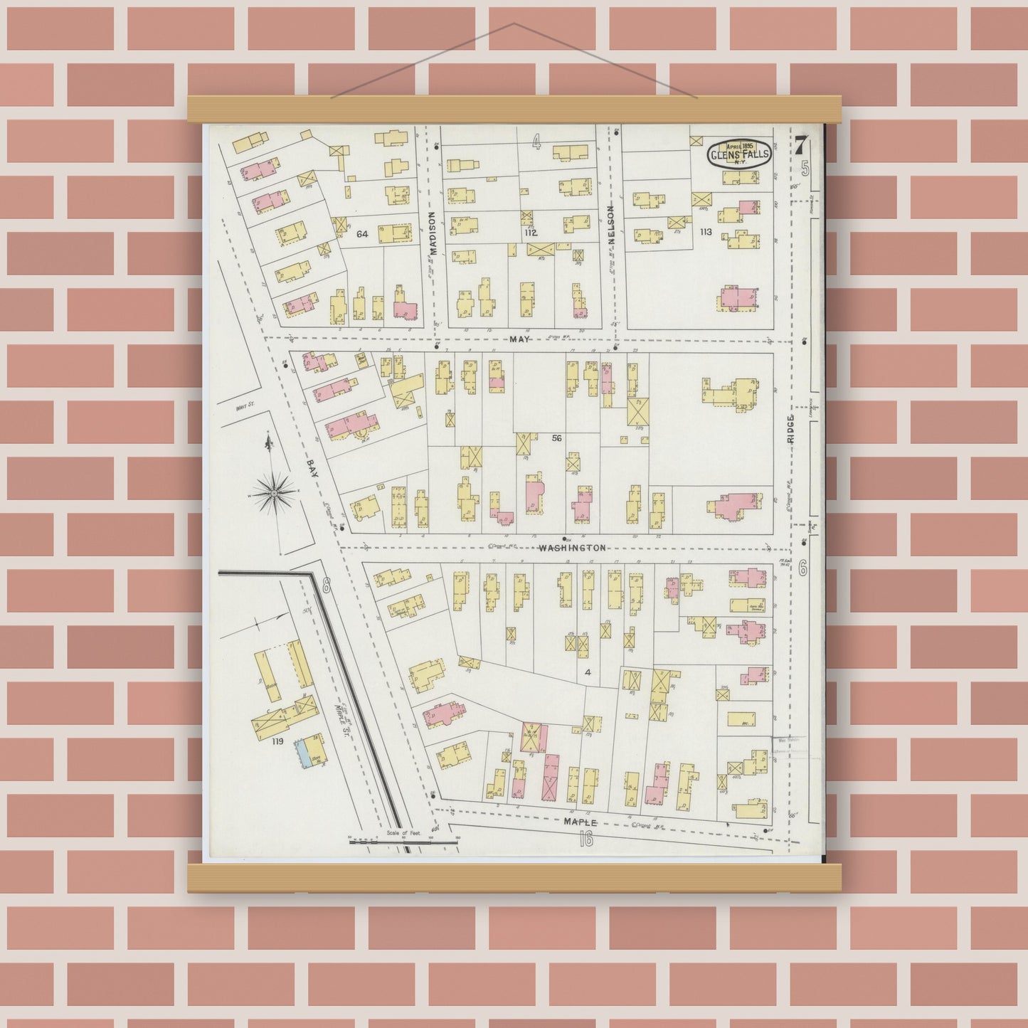 Old map wall art mockup — magnetic wood frame on brick wall — Sanborn Fire Insurance Map from Glens Falls, Warren County, New York (1895), Sheet #0007