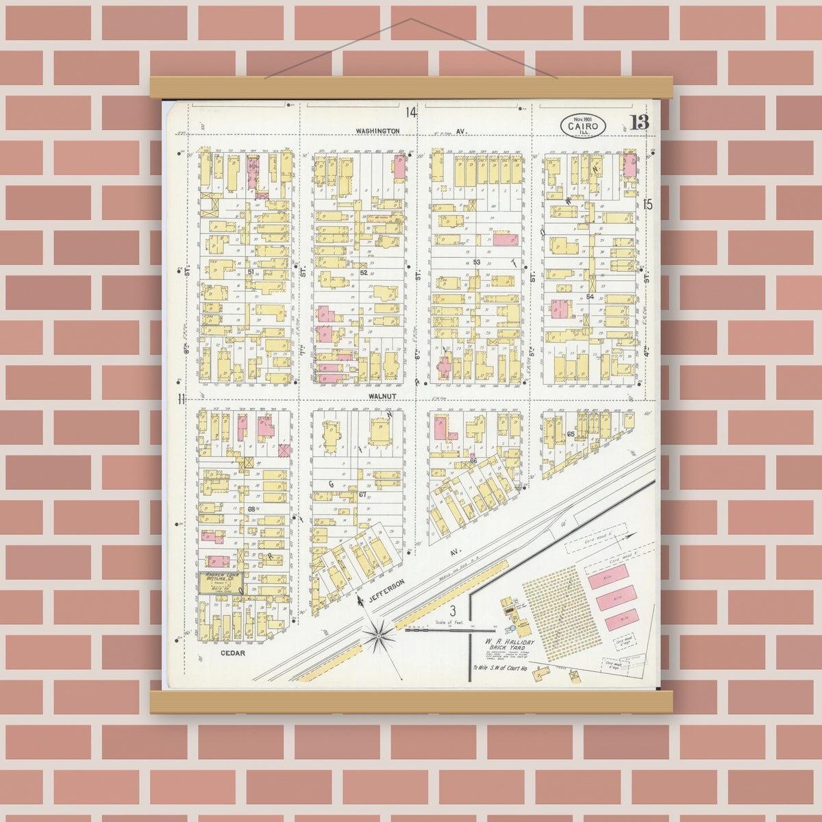 Old map wall art mockup — magnetic wood frame on brick wall — Sanborn Fire Insurance Map from Cairo, Alexander County, Illinois (1901), Sheet #0013