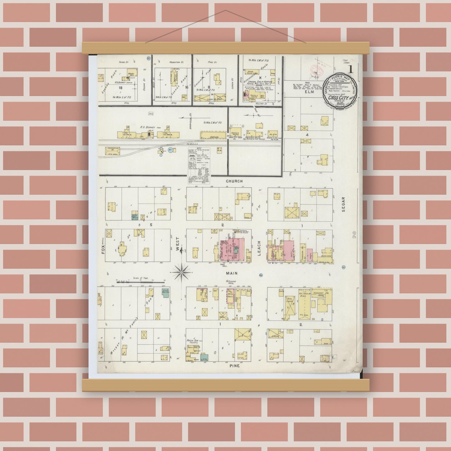 Old map wall art mockup — magnetic wood frame on brick wall — Sanborn Fire Insurance Map from Cass City, Tuscola County, Michigan (1894) - Complete Map Set