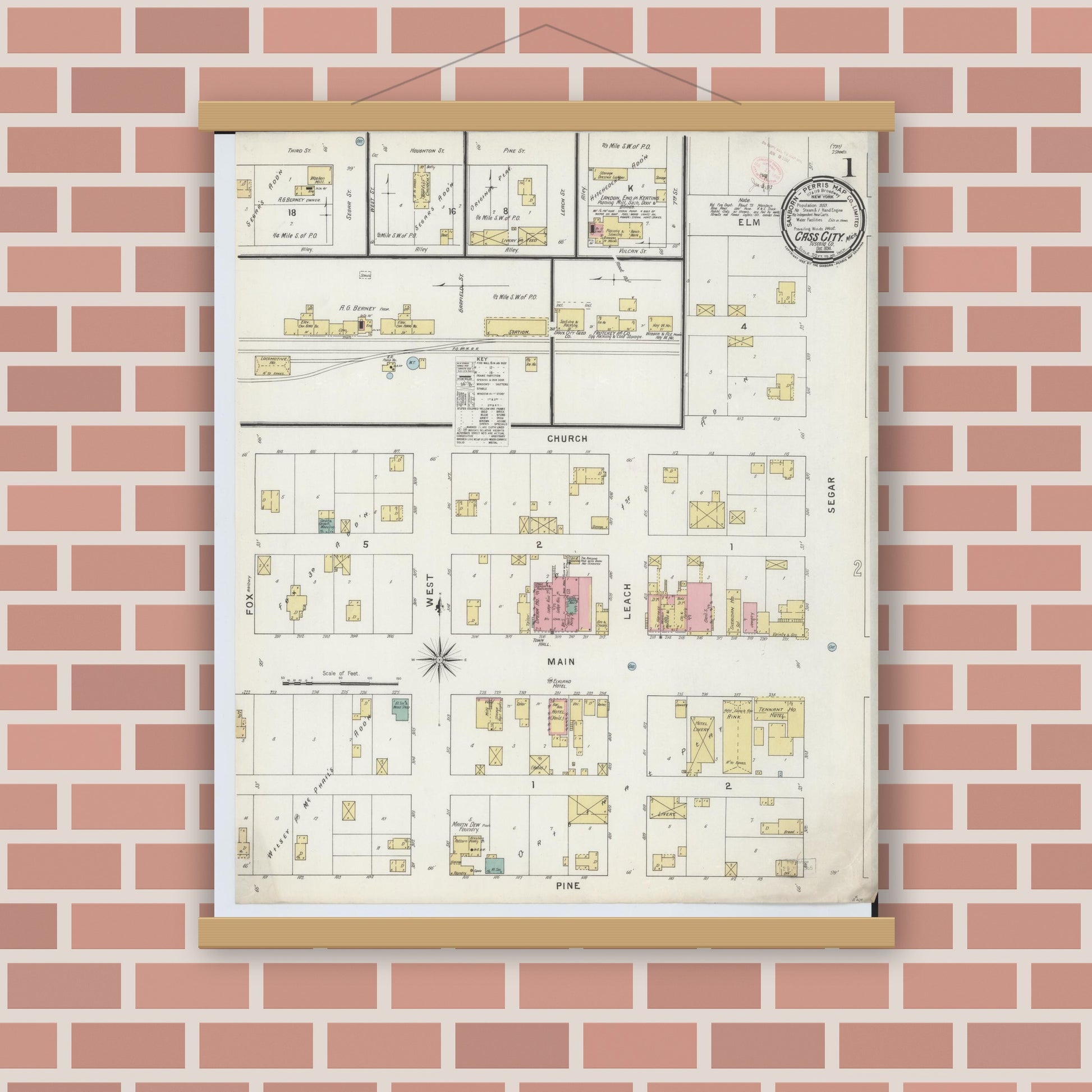 Old map wall art mockup — magnetic wood frame on brick wall — Sanborn Fire Insurance Map from Cass City, Tuscola County, Michigan (1894) - Complete Map Set