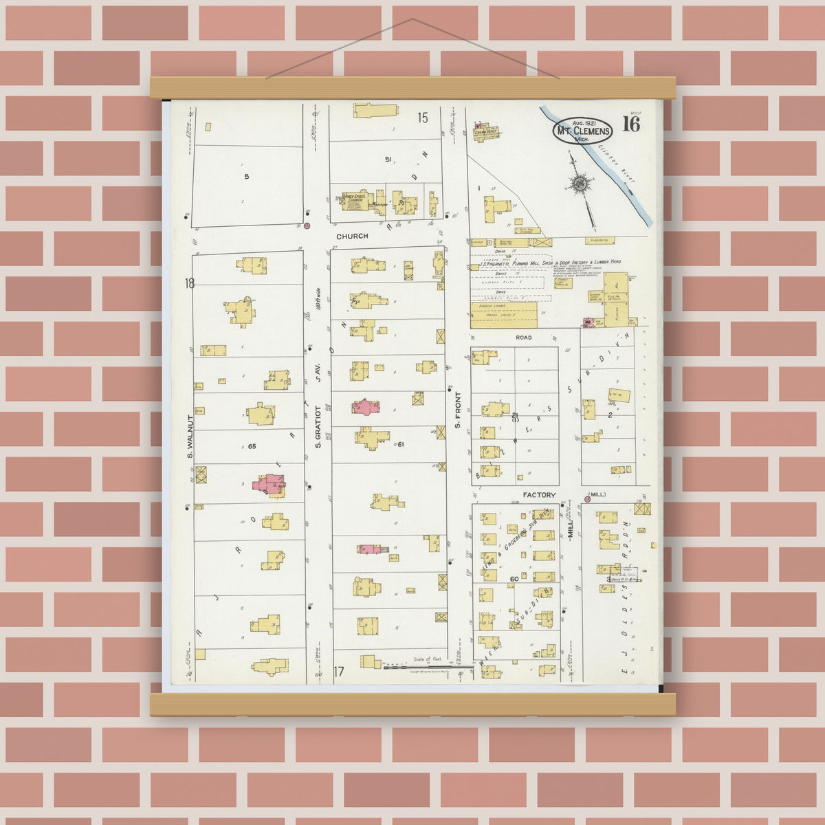 Old map wall art mockup — magnetic wood frame on brick wall — Sanborn Fire Insurance Map from Mount Clemens, Macomb County, Michigan (1921), Sheet #0016