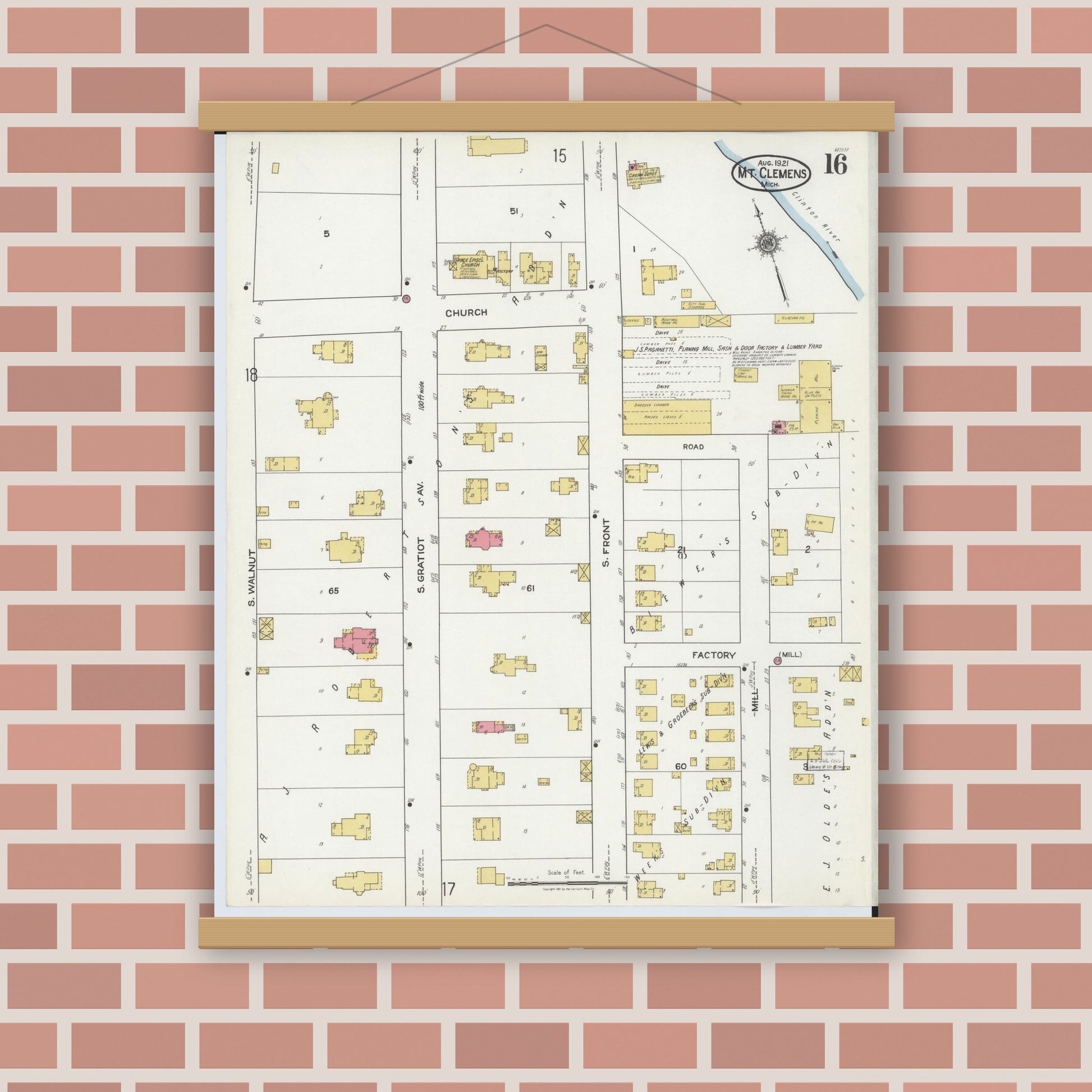 Old map wall art mockup — magnetic wood frame on brick wall — Sanborn Fire Insurance Map from Mount Clemens, Macomb County, Michigan (1921), Sheet #0016