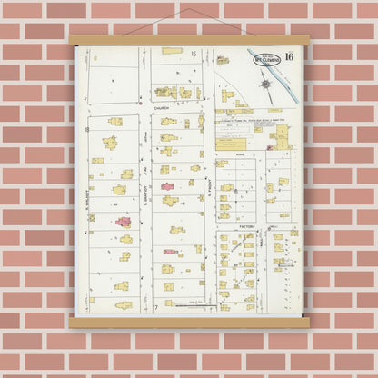 Old map wall art mockup — magnetic wood frame on brick wall — Sanborn Fire Insurance Map from Mount Clemens, Macomb County, Michigan (1921), Sheet #0016