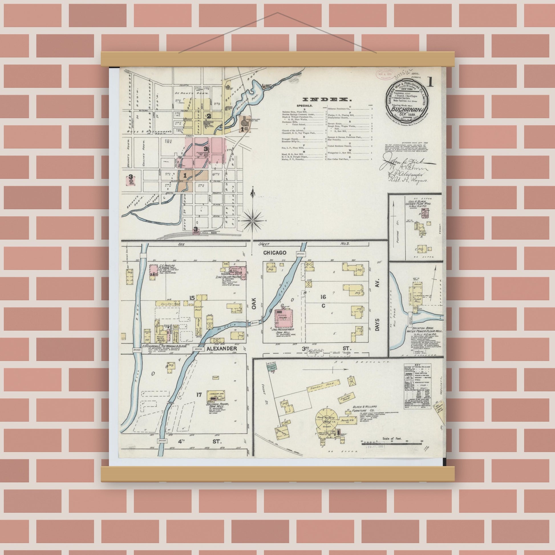Old map wall art mockup — magnetic wood frame on brick wall — Sanborn Fire Insurance Map from Buchanan, Berrien County, Michigan (1889), Sheet #0001