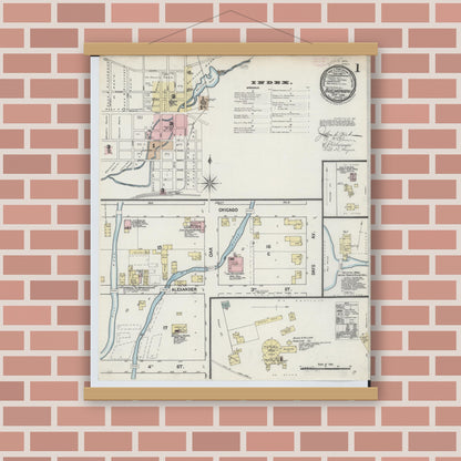 Old map wall art mockup — magnetic wood frame on brick wall — Sanborn Fire Insurance Map from Buchanan, Berrien County, Michigan (1889), Sheet #0001