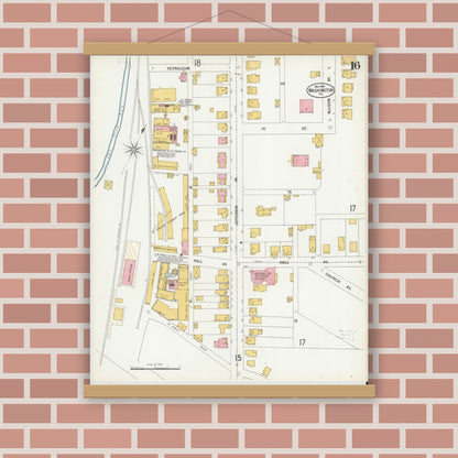 Old map wall art mockup — magnetic wood frame on brick wall — Sanborn Fire Insurance Map from Washington, Washington County, Pennsylvania (1900), Sheet #0016