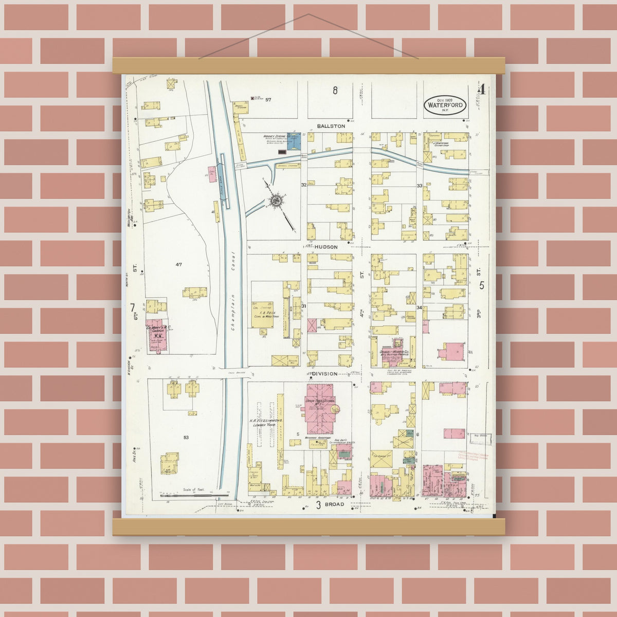 Old map wall art mockup — magnetic wood frame on brick wall — Sanborn Fire Insurance Map from Waterford, Saratoga County, New York (1909), Sheet #0004