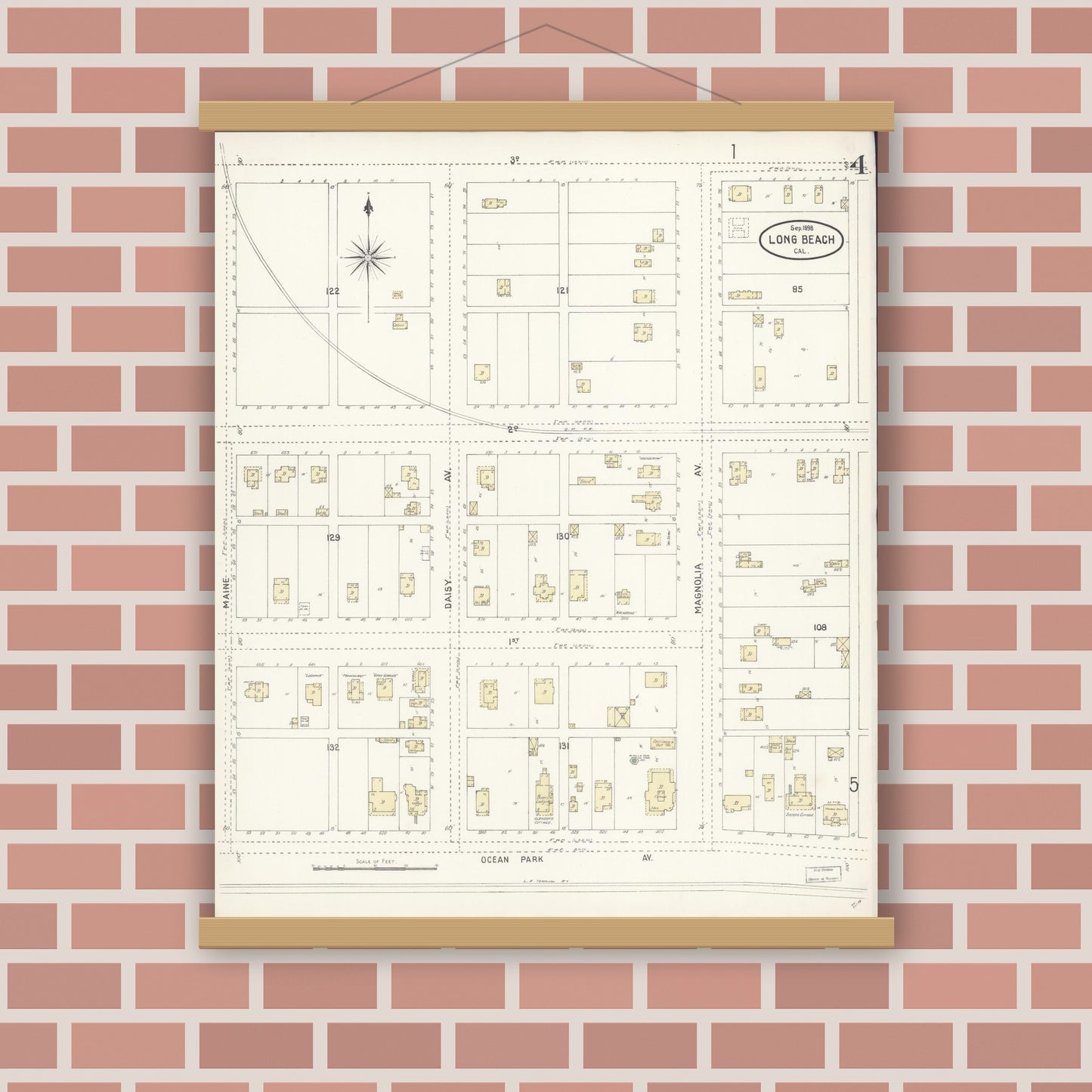 Old map wall art mockup — magnetic wood frame on brick wall — Sanborn Fire Insurance Map from Long Beach, Los Angeles County, California (1898), Sheet #0004