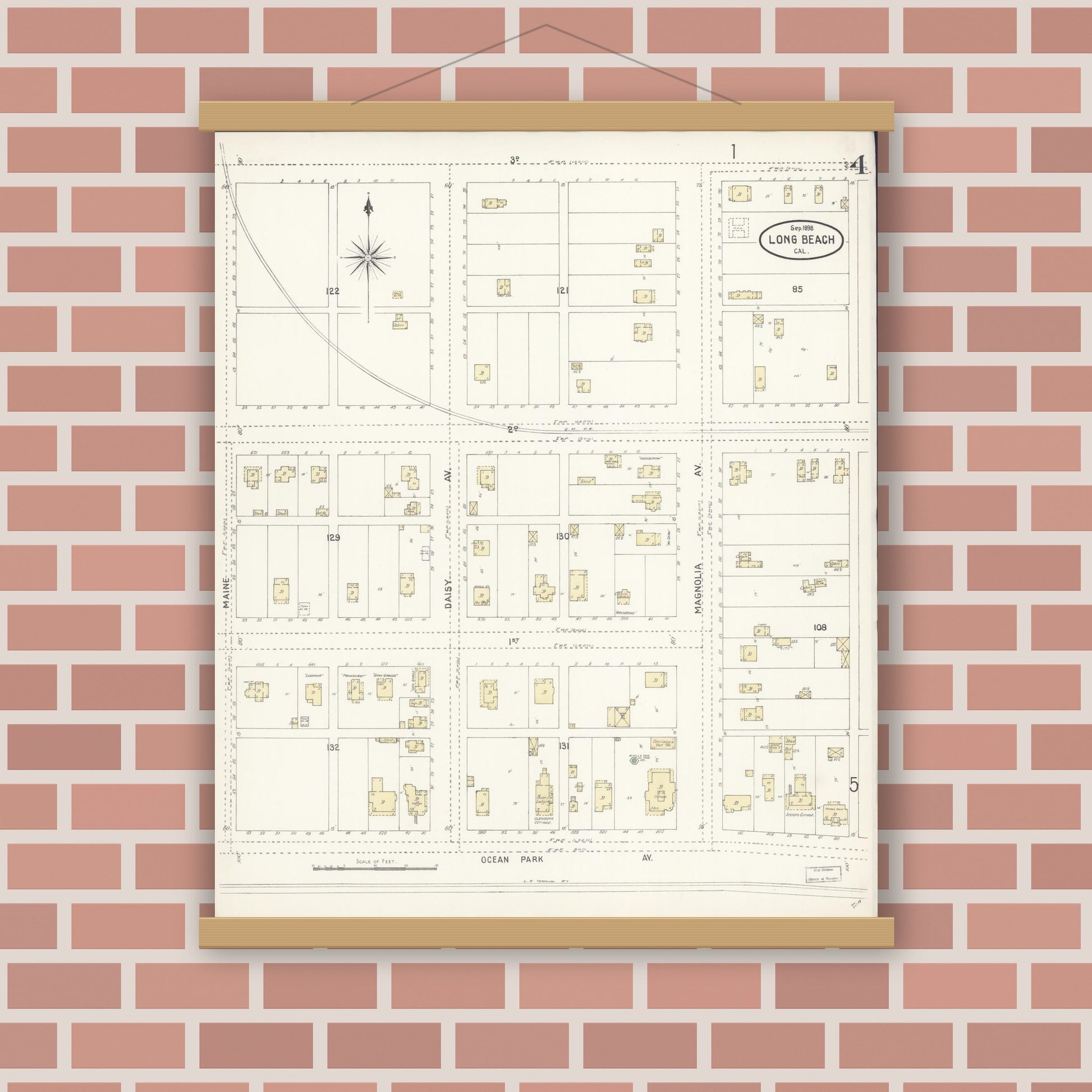 Old map wall art mockup — magnetic wood frame on brick wall — Sanborn Fire Insurance Map from Long Beach, Los Angeles County, California (1898), Sheet #0004