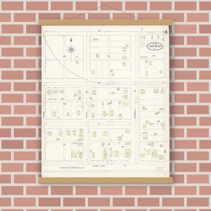 Old map wall art mockup — magnetic wood frame on brick wall — Sanborn Fire Insurance Map from Long Beach, Los Angeles County, California (1898), Sheet #0004