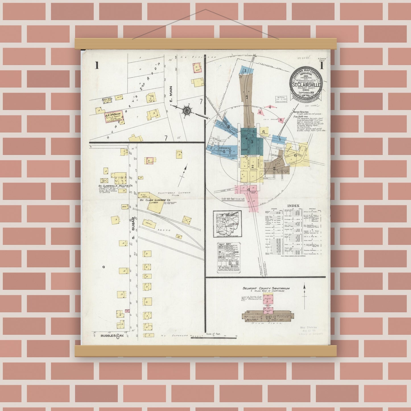 Old map wall art mockup — magnetic wood frame on brick wall — Sanborn Fire Insurance Map from Saint Clairsville, Belmont County, Ohio (1924), Sheet #0001