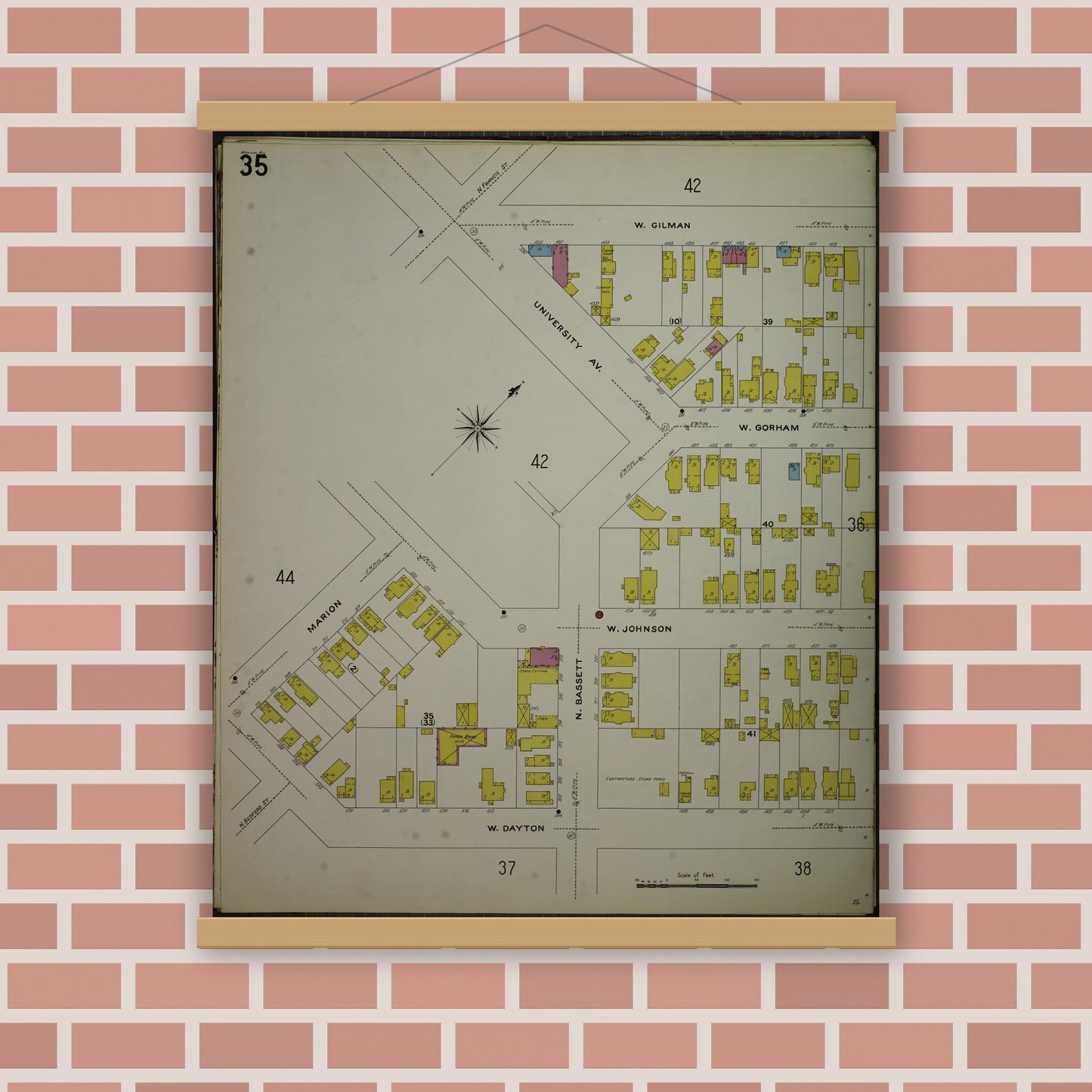 Old map wall art mockup — magnetic wood frame on brick wall — Sanborn Fire Insurance Map from Madison, Dane County, Wisconsin (1908), Sheet #0035