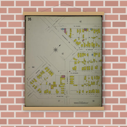 Old map wall art mockup — magnetic wood frame on brick wall — Sanborn Fire Insurance Map from Madison, Dane County, Wisconsin (1908), Sheet #0035