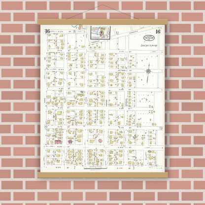 Old map wall art mockup — magnetic wood frame on brick wall — Sanborn Fire Insurance Map from Taylor, Williamson County, Texas (1923), Sheet #0016