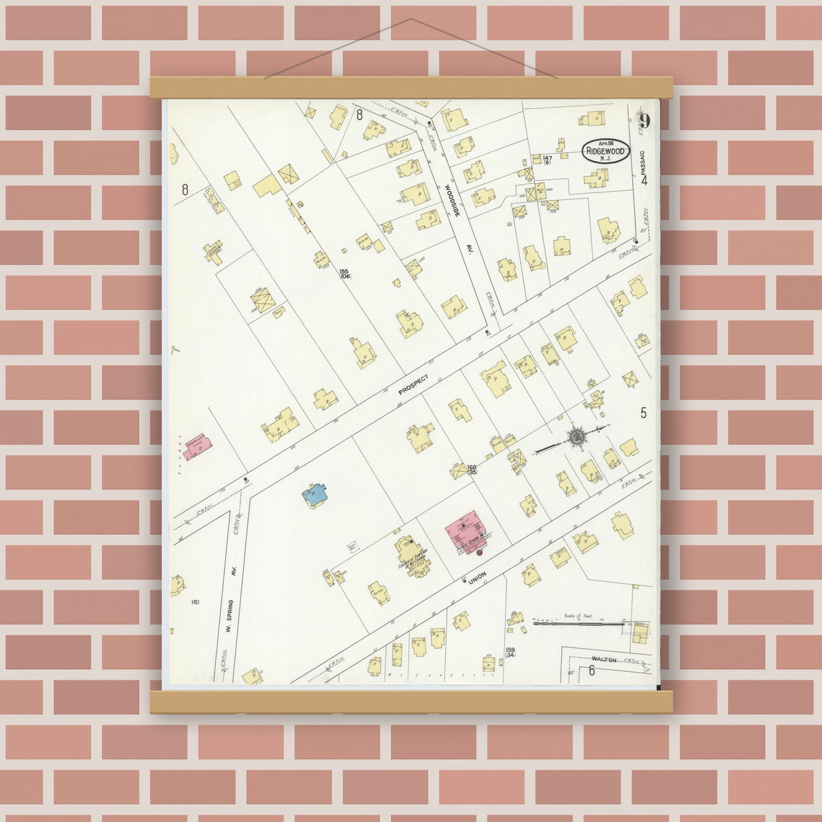 Old map wall art mockup — magnetic wood frame on brick wall — Sanborn Fire Insurance Map from Ridgewood, Bergen County, New Jersey (1911), Sheet #0009