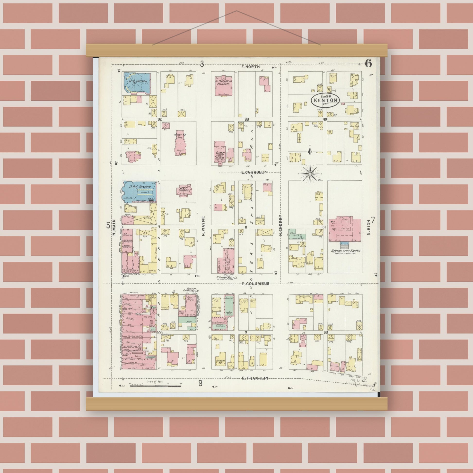 Old map wall art mockup — magnetic wood frame on brick wall — Sanborn Fire Insurance Map from Kenton, Hardin County, Ohio (1897), Sheet #0006